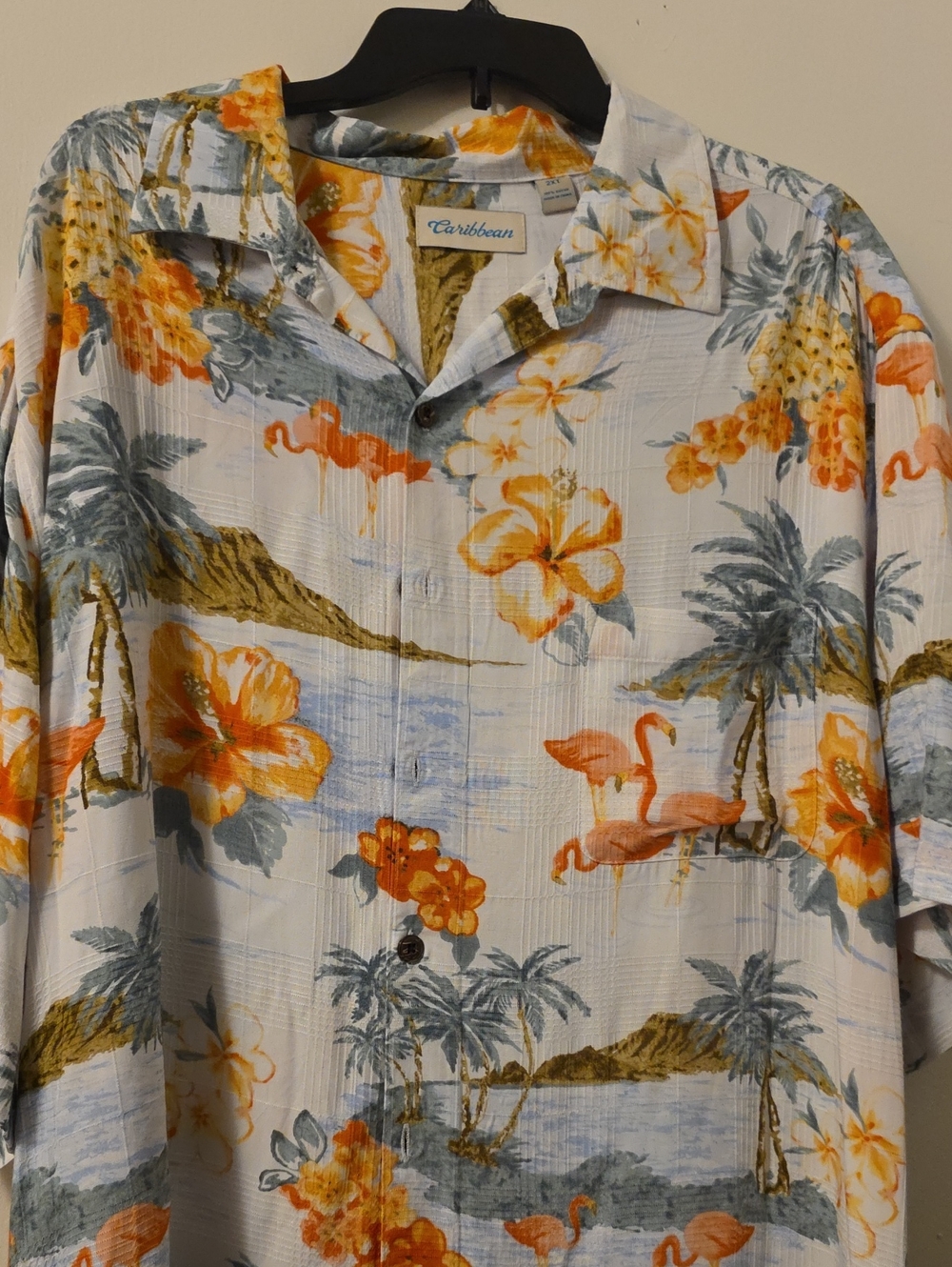 Caribbean White Hawaiian Shirt with Orange Floral & Gray Palm Print